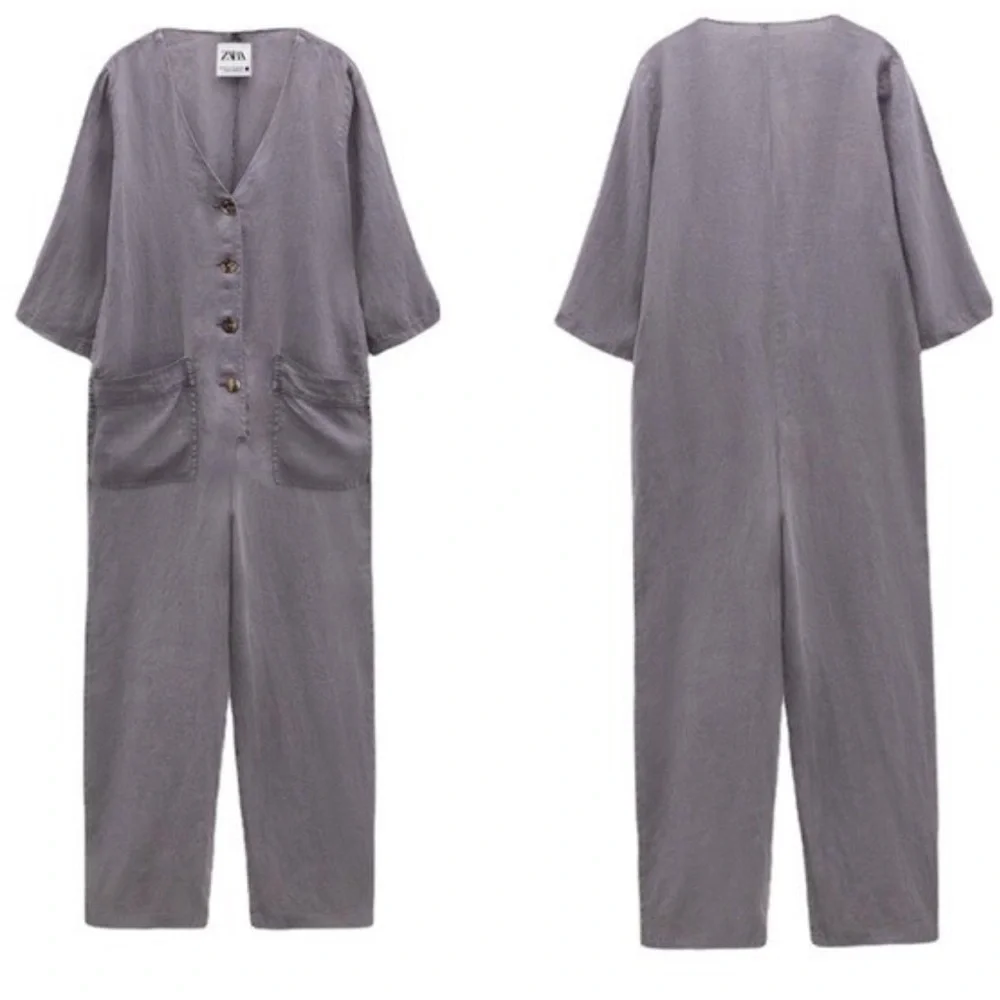 ZARA Lillian Gray Linen Jumpsuit Button-Down Linen Romper Women’s Size Medium